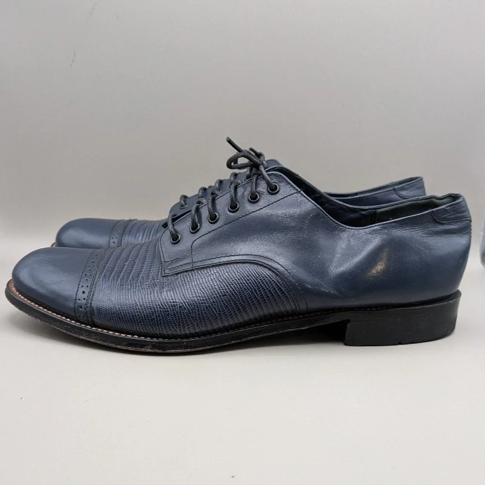 Stacy Adams Madison Navy Blue Leather Lizard Embossed Cap Toe Oxfords Mens 10 D